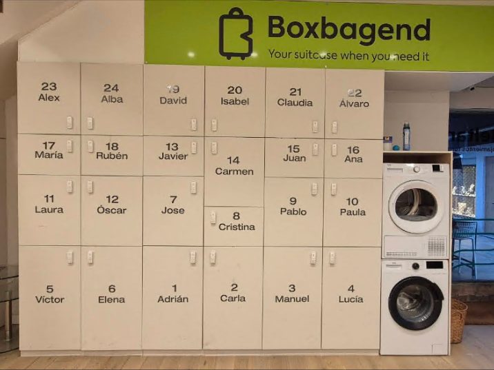 Pared de taquillas de consigna con lockers numerados — instalación real de Boxbagend