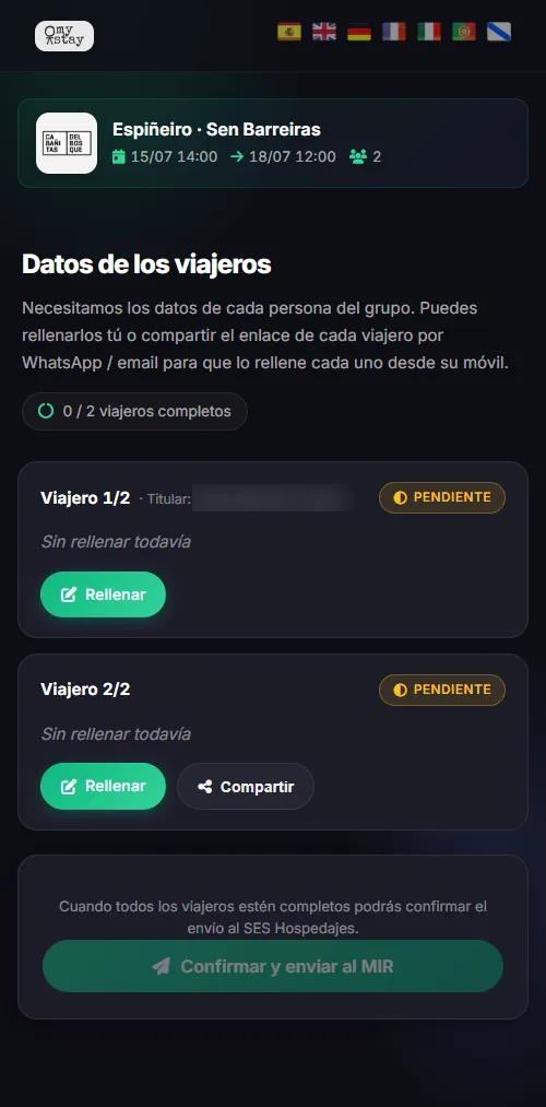 Lista de viajeros del grupo: cada uno con su enlace para rellenar o compartir por WhatsApp