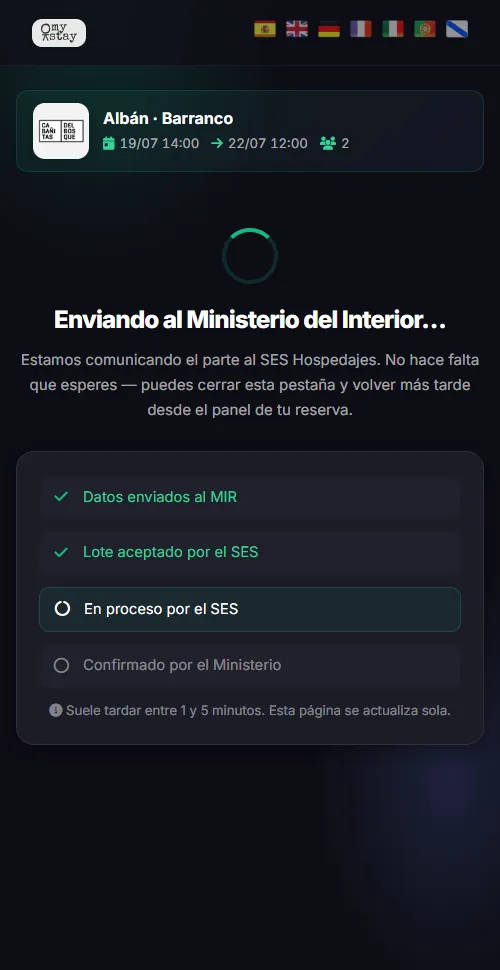 El parte de viajeros enviado al SES Hospedajes, en procesamiento